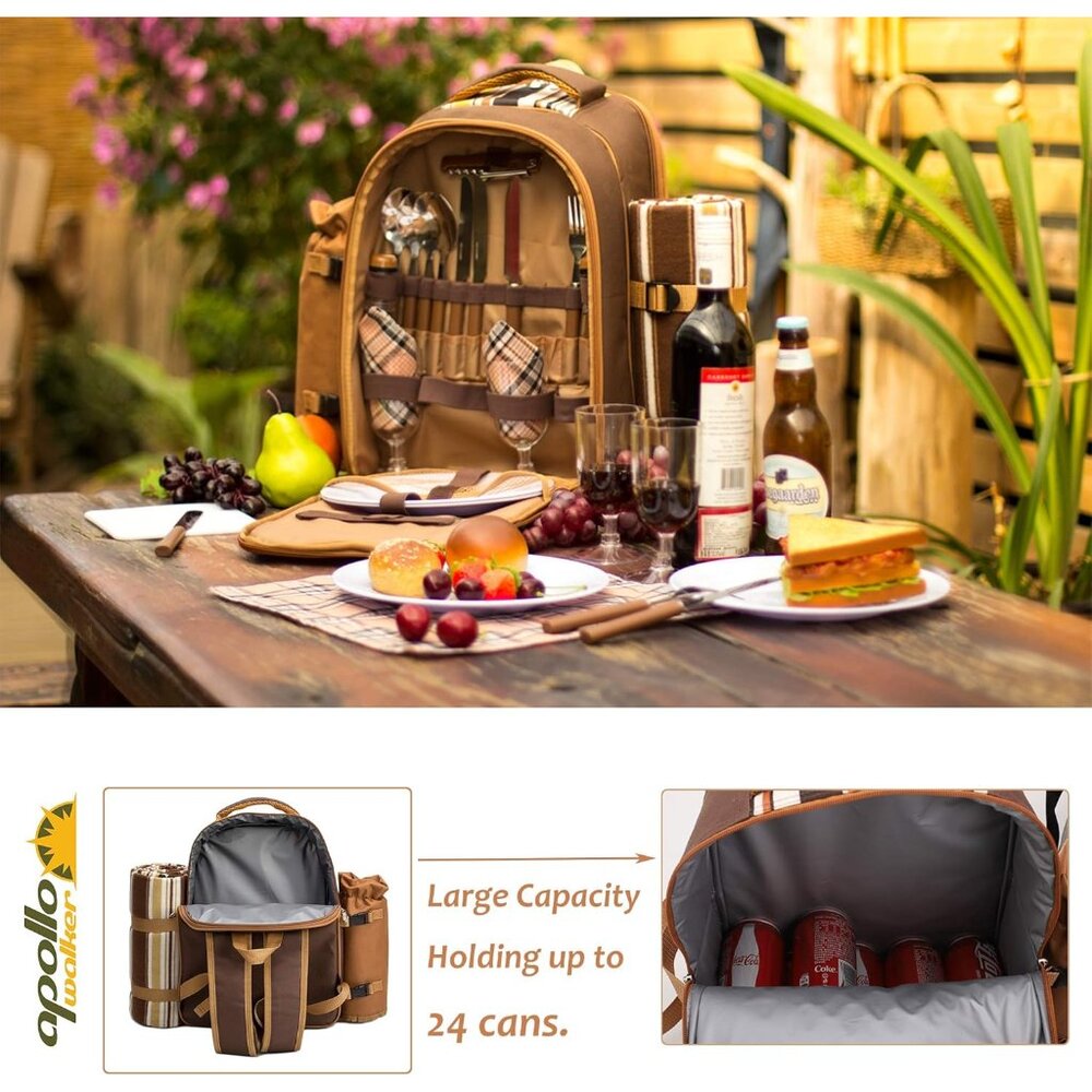Picnic Backpack Bag for 4 Person with Cooler Compartment,Wine Bag, Picnic Blanke - Picture 6 of 9